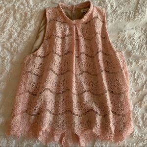 Pink Lace Sleeveless mock neck keyhole back blouse